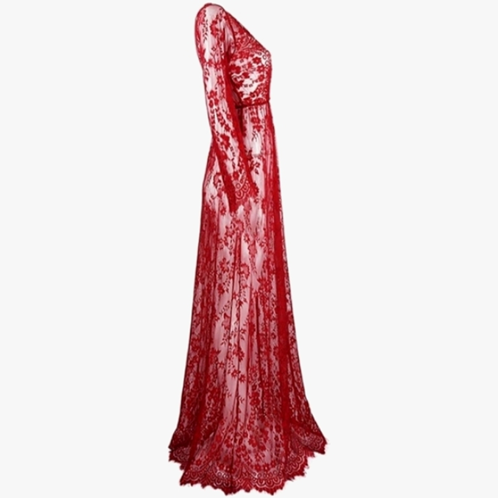 Sexy Blood Red Lace Maxi Dress Sheer Full Length Gown Long Lingerie Costume New